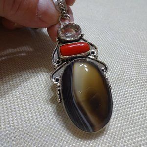 Natural "MONTANA AGATE, RED CORAL & WHITE TOPAZ" Handmade Sterling Pendant Neck